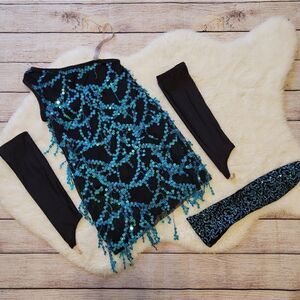 NWOT 4 piece Revolution Dancewear black off shoulder with blue sequin detail